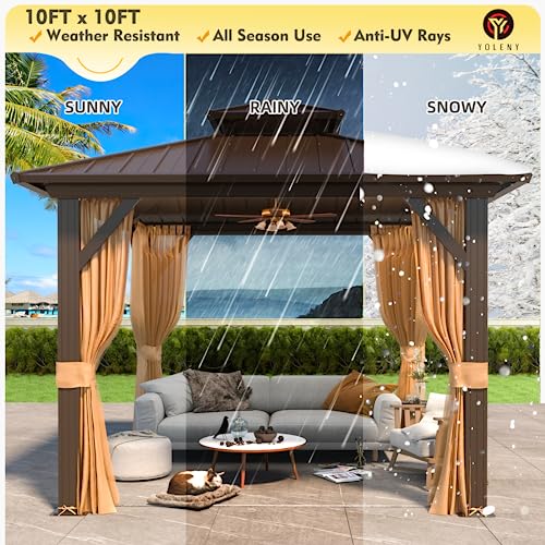 YOLENY 10' x 10' Gazebo, Hardtop Gazebo with Aluminum Frame, Double Galvanized Steel Roof, Curtains and Netting Included, Metal Gazebos Pergolas for Patios, Garden, Lawns, Parties