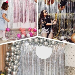 3 Pack Silvery Foil Fringe Backdrop Curtains，3.3 ft x 8.2 ft Silvery Door Streamers ，Silvery Gold foil Fringe Curtain Backdrop,for Photo Background Party Decorations, Graduation Decorations