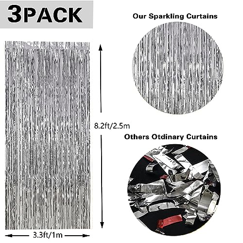 3 Pack Silvery Foil Fringe Backdrop Curtains，3.3 ft x 8.2 ft Silvery Door Streamers ，Silvery Gold foil Fringe Curtain Backdrop,for Photo Background Party Decorations, Graduation Decorations