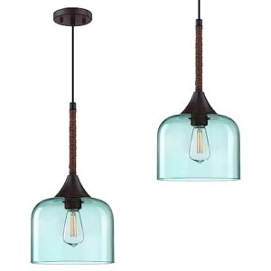 dolaimi house 2 pack 1 light indoor hanging kitchen island 7.3" green glass paper rope pendant light fixtures oil rubbed bronze finish modern farmhouse dinning room living room over sink