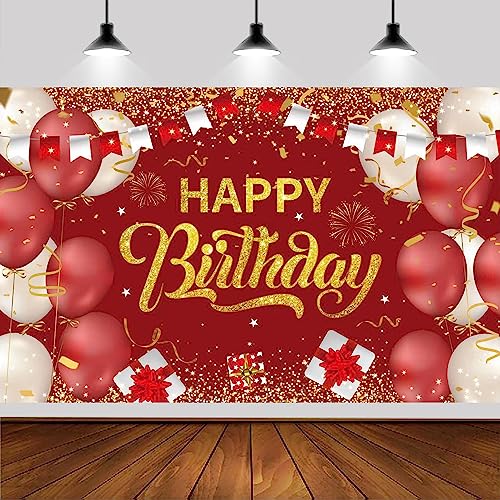 6x3.6FT Red Gold Happy Birthday Backdrop,Red Gold Happy Birthday Photography Background Banner for Birthday Party Backdrop for Men Women Birthday Party Supplies Decoration.