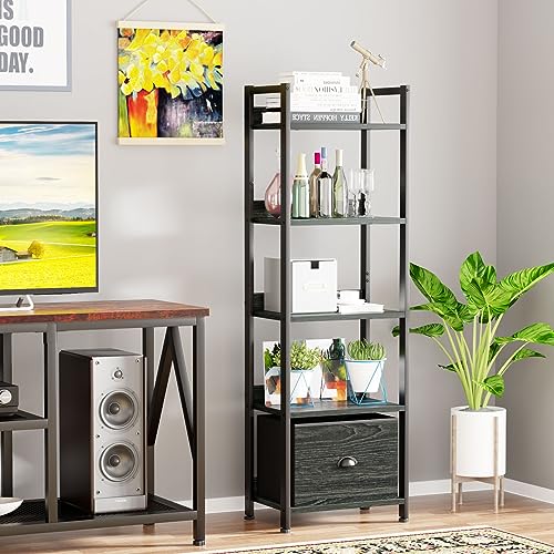 Furologee 5 Tier Bookshelf with Drawer, Kitchen Bakers Rack with Storage, Tall Narrow Bookcase, Industrial Free Standing Display Shelf, Wood and Metal Book Shelf for Bedroom, Living Room, Black