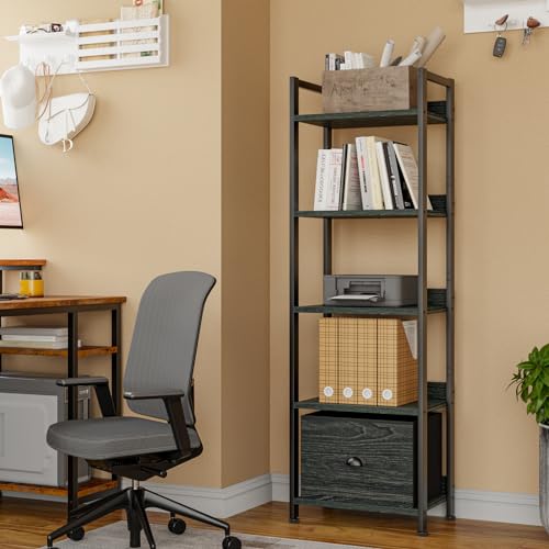 Furologee 5 Tier Bookshelf with Drawer, Kitchen Bakers Rack with Storage, Tall Narrow Bookcase, Industrial Free Standing Display Shelf, Wood and Metal Book Shelf for Bedroom, Living Room, Black