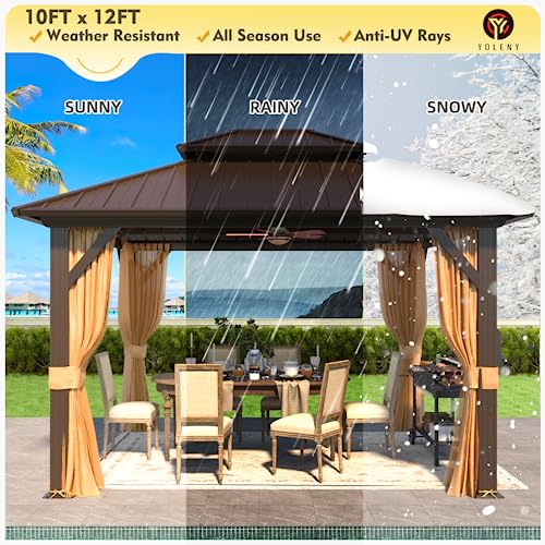 YOLENY 10' x 12' Gazebo, Hardtop Gazebo with Aluminum Frame, Double Galvanized Steel Roof, Curtains and Netting Included, Metal Gazebos Pergolas for Patios, Garden, Lawns, Parties