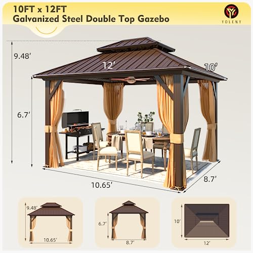 YOLENY 10' x 12' Gazebo, Hardtop Gazebo with Aluminum Frame, Double Galvanized Steel Roof, Curtains and Netting Included, Metal Gazebos Pergolas for Patios, Garden, Lawns, Parties