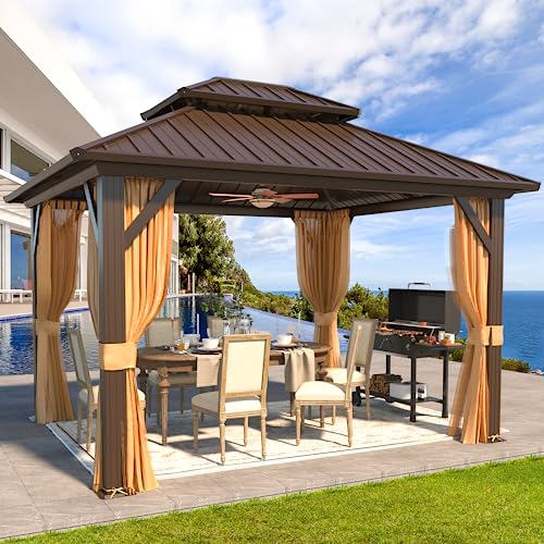 YOLENY 10' x 12' Gazebo, Hardtop Gazebo with Aluminum Frame, Double Galvanized Steel Roof, Curtains and Netting Included, Metal Gazebos Pergolas for Patios, Garden, Lawns, Parties