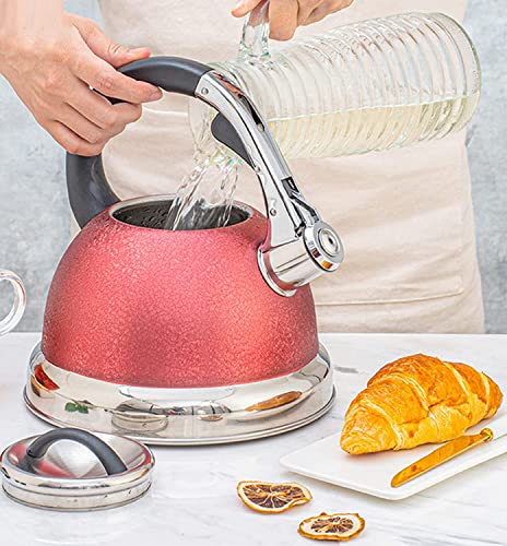 Tea Kettle Stovetop Whistling Teapot Stainless Steel Stovetop Whistling Kettle Enlarge Spout Hot Teakettle Teapot Anti-Scalding Nylon Handle Teapot 3.5L Whistle Kettle Stove Top Kettle (Color : Red)