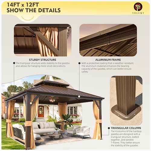 YOLENY 12' x 14' Gazebo, Hardtop Gazebo with Aluminum Frame, Double Galvanized Steel Roof, Curtains and Netting Included, Metal Gazebos Pergolas for Patios, Garden, Lawns, Parties