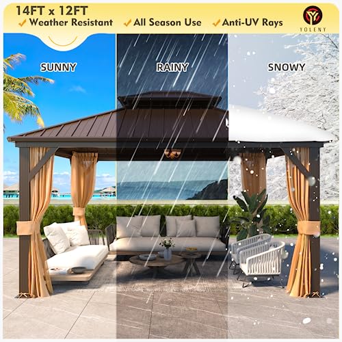 YOLENY 12' x 14' Gazebo, Hardtop Gazebo with Aluminum Frame, Double Galvanized Steel Roof, Curtains and Netting Included, Metal Gazebos Pergolas for Patios, Garden, Lawns, Parties