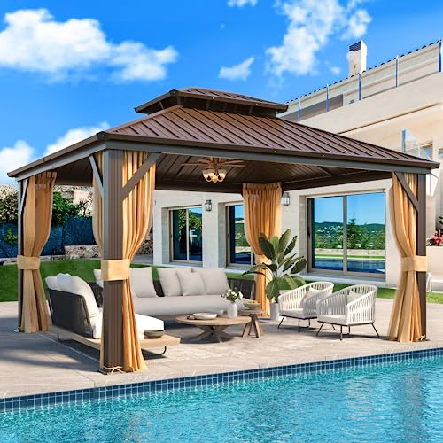 YOLENY 12' x 14' Gazebo, Hardtop Gazebo with Aluminum Frame, Double Galvanized Steel Roof, Curtains and Netting Included, Metal Gazebos Pergolas for Patios, Garden, Lawns, Parties