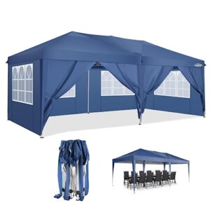 cobizi pop up canopy tent 10x20 commercial canopy waterproof 10x20 outdoor gazebo beach camping canopy with 6 sidewalls tent for party with carry bag (blue, 10'x20' with 6 sides)