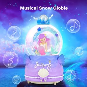 Snow Globe for Girls,100MM Mermaid Musical Snow Globes with Colorful Lights Automatic Snowflakes Christmas Birthday Gift for Age 5-12 Kids Granddaughter