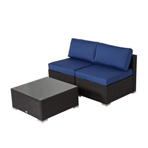 Elesuli 3 PCS Outdoor Patio Loveseat Furniture Couch Set with Glass Table Outdoor Conversation Sets Wicker Love Seat All-Weather Rattan Sofa Sectional for Garden Balcony, Dark Blue