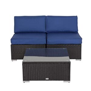 elesuli 3 pcs outdoor patio loveseat furniture couch set with glass table outdoor conversation sets wicker love seat all-weather rattan sofa sectional for garden balcony, dark blue