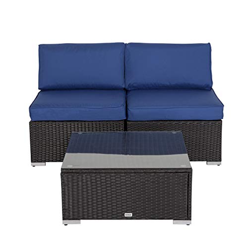 Elesuli 3 PCS Outdoor Patio Loveseat Furniture Couch Set with Glass Table Outdoor Conversation Sets Wicker Love Seat All-Weather Rattan Sofa Sectional for Garden Balcony, Dark Blue