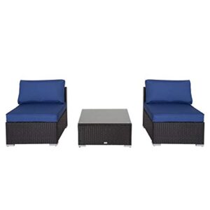 Elesuli 3 PCS Outdoor Patio Loveseat Furniture Couch Set with Glass Table Outdoor Conversation Sets Wicker Love Seat All-Weather Rattan Sofa Sectional for Garden Balcony, Dark Blue