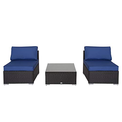 Elesuli 3 PCS Outdoor Patio Loveseat Furniture Couch Set with Glass Table Outdoor Conversation Sets Wicker Love Seat All-Weather Rattan Sofa Sectional for Garden Balcony, Dark Blue