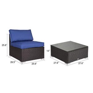 Elesuli 3 PCS Outdoor Patio Loveseat Furniture Couch Set with Glass Table Outdoor Conversation Sets Wicker Love Seat All-Weather Rattan Sofa Sectional for Garden Balcony, Dark Blue