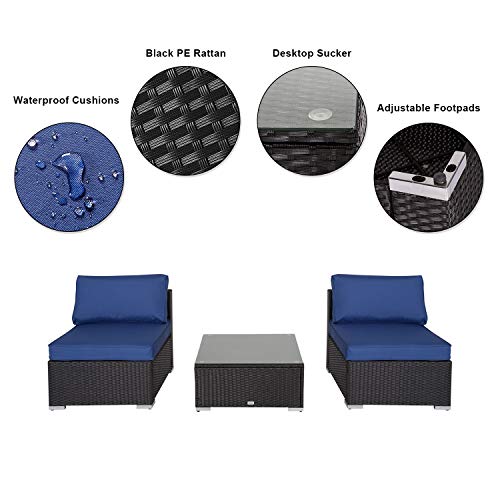 Elesuli 3 PCS Outdoor Patio Loveseat Furniture Couch Set with Glass Table Outdoor Conversation Sets Wicker Love Seat All-Weather Rattan Sofa Sectional for Garden Balcony, Dark Blue