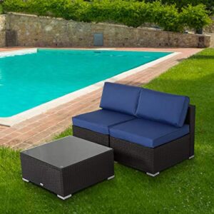 Elesuli 3 PCS Outdoor Patio Loveseat Furniture Couch Set with Glass Table Outdoor Conversation Sets Wicker Love Seat All-Weather Rattan Sofa Sectional for Garden Balcony, Dark Blue