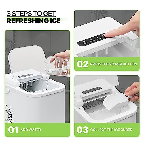 Magshion Compact Countertop Ice Maker, Portable Ice Machine with Handle, 8 Ice Cubes Ready in 8 Mins, 26lbs in 24Hrs, Ice Cube Maker with Ice Scoop for Home Kitchen Office Party RV, White