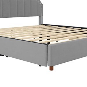 OPTOUGH Upholstered King Size Platform Bed Frame with 4 Storage Drawers and Headboard, Wooden Slats Support, No Box Spring Needed, Grey