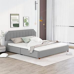 OPTOUGH Upholstered King Size Platform Bed Frame with 4 Storage Drawers and Headboard, Wooden Slats Support, No Box Spring Needed, Grey