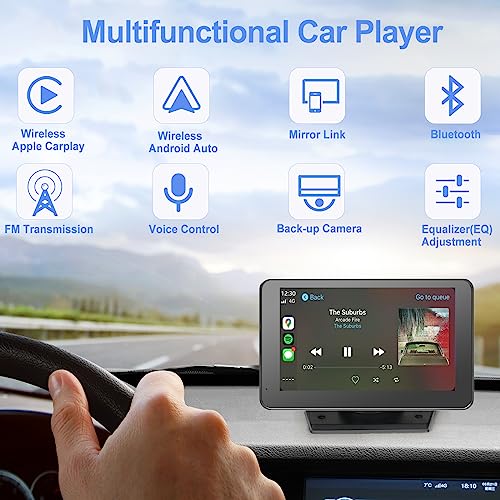 PASLDA Newest Wireless Portable Car Stereo with Apple Carplay/Android Auto/Mirror Link for Truck RV Vehicles, Dash Mount Touchscreen Multimedia Player Bluetooth & Backup Camera, Auto Connect