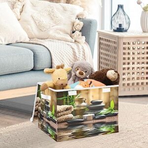 Flradish Zen Basalt Stones on Wood Large Oxford Cloth Foldable Storage with Lid and Handles Toys Clothes Storage Basket for Home Bedroom Closet Office