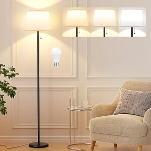 raexpectis floor lamps for living room - 3 color temp(3000/4000/5000k) standing lamp with pull chain switch, black floor lamp with lampshade, modern tall light for bedroom office(9w bulb included)