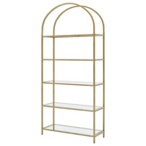 5-Tier Open Bookshelf, 72,2" Industrial Arched Bookcase Storage Shelves with Metal Frame, Freestanding Display Rack Tall Shelving Unit for Office, Bedroom, Living Room (Gold)