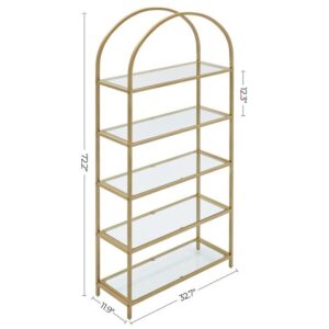 5-Tier Open Bookshelf, 72,2" Industrial Arched Bookcase Storage Shelves with Metal Frame, Freestanding Display Rack Tall Shelving Unit for Office, Bedroom, Living Room (Gold)