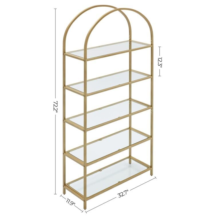 5-Tier Open Bookshelf, 72,2" Industrial Arched Bookcase Storage Shelves with Metal Frame, Freestanding Display Rack Tall Shelving Unit for Office, Bedroom, Living Room (Gold)