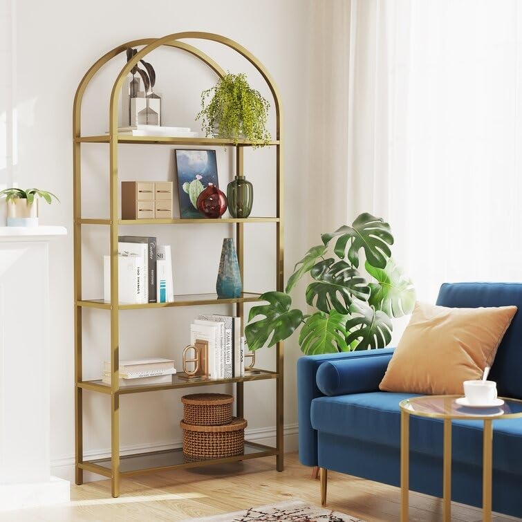 5-Tier Open Bookshelf, 72,2" Industrial Arched Bookcase Storage Shelves with Metal Frame, Freestanding Display Rack Tall Shelving Unit for Office, Bedroom, Living Room (Gold)