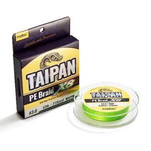 nako taipan 70lb braided fishing line x8#5 218 yds | super long cast, ultra thin, smooth surface braided line for saltwater or freshwater | high visibility flash green coloring