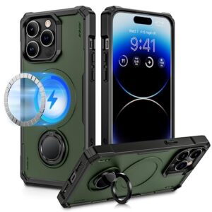ruky for iphone 14 pro max magnetic case with built-in magnets, [360° rotatable ring holder] [support car mount] [military drop protection] shockproof case for iphone 14 pro max 6.7", green