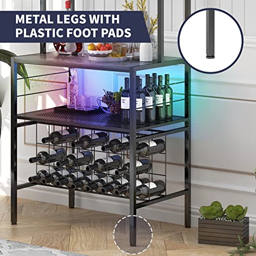 ijuicy Wine Bar Cabinet with LED Lights, Wine Rack Freestanding Floor, 4 Tier Home Bar Cabinet with Wine Storage & Glasses Holder, Wine Cabinet for Home Bar, Kitchen, Black