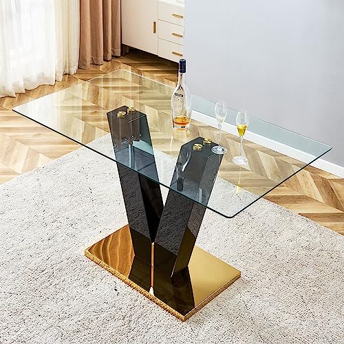 HomVent Contemporary Glass Top Kitchen Dining Table, Pedestal Rectangular Dining Table Minimalist Glass Top Dining Table w/High Gloss Lacquer Finish Wood Base for Dining Room (Clear, V-Shaped)