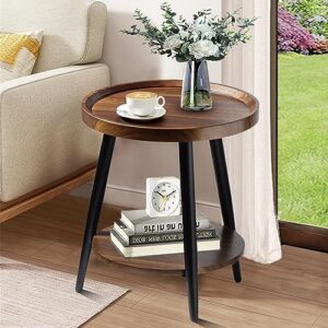 fantersi small round side table, 2-tier mid century modern side table, round end table small side table for living room, metal frames, brown