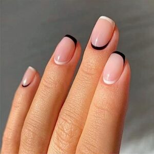 square press on nails short cute white and black french tip nails acrylic false nails with white and black edge designs artificial fake nails reusable glue on nails for women and girls