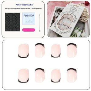 Square Press on Nails Short Cute White and Black French Tip Nails Acrylic False Nails with White and Black Edge Designs Artificial Fake Nails Reusable Glue on Nails for Women and Girls