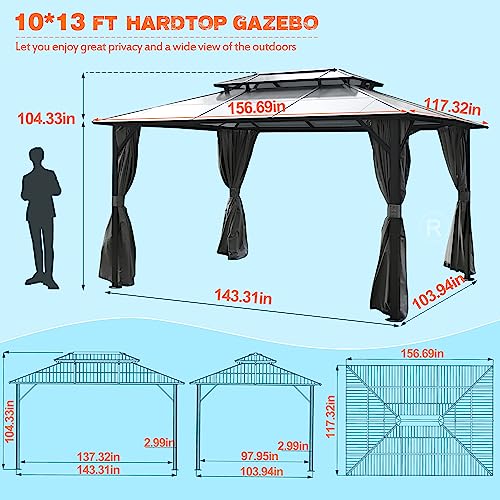 VEIKOU 10' x 13' Gazebo, Hardtop Gazebo w/Aluminum Frame & Polycarbonate Double Roof, Patio Gazebo with Netting and Curtains, Heavy-Duty Pergolas and Gazebos for Backyard, Deck and Lawns