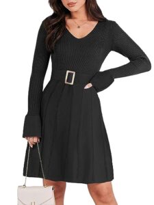 anrabess sweater dress for women 2023 fall fashion long sleeve v neck tie waist a-line pleated swing sexy elegant ribbed knit midi formal wedding guest dresses 1195heise-m black