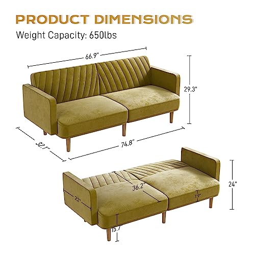 Wrofly Velvet Futon Sofa Bed - Convertible Sleeper Sofa with Tapered Wood Legs - 2 Throw Pillows - 74.8" Splitback Futon Couch for Living Room - 650lbs Weight Capacity