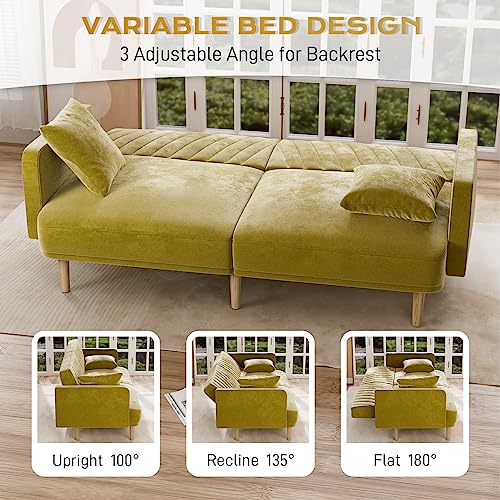Wrofly Velvet Futon Sofa Bed - Convertible Sleeper Sofa with Tapered Wood Legs - 2 Throw Pillows - 74.8" Splitback Futon Couch for Living Room - 650lbs Weight Capacity