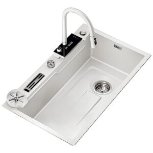 Kitchen sink, 304nm stainless steel household sink under the counter, white digital display flying rain waterfall large single sink, pull out hot and cold water faucet ( Color : B61 , Size : 68*45*22c