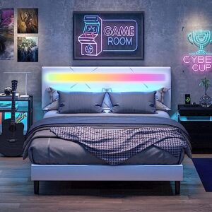 likimio full bed frame with led lights, modern pu leather upholstered platform bed with headboard, no box spring needed/noise-free/easy assembly, white