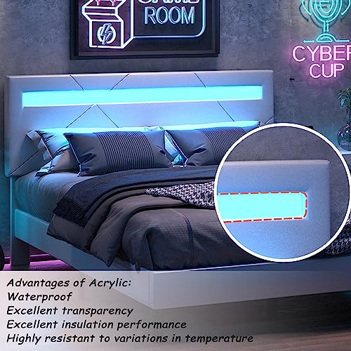 LIKIMIO Full Bed Frame with LED Lights, Modern PU Leather Upholstered Platform Bed with Headboard, No Box Spring Needed/Noise-Free/Easy Assembly, White