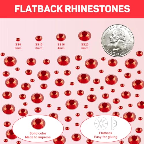 11000Pcs Red Rhinestones with b7000 Glue for Crafts Clothes Nails Clothing Fabric Tumblers, Red Flat Back Rhinestones Gems 2-5mm, Rinestones Gemstones Flatback for Shoes,Diamonds Badazzle Kit for Kids