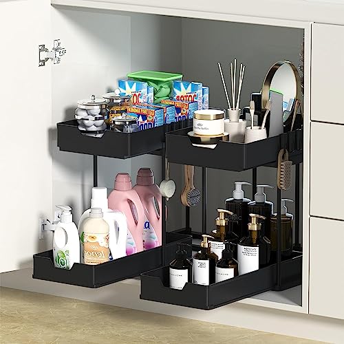 2 Pack Double Sliding Under Sink Organizers and Storage, Two Tier Bathroom Storage and organization, Under Cabinet Organizer with Hooks Hanging, Home Organization, Black